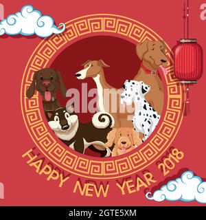 Modèle de carte du nouvel an avec chiens dans un cadre rond Illustration de Vecteur