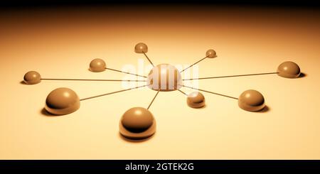 Concept de réseau ou de travail d'équipe avec points ou sphères connectés, rendu 3D abstrait orange Banque D'Images