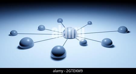 Concept de réseau ou de travail d'équipe avec points ou sphères connectés, rendu 3D abstrait bleu Banque D'Images