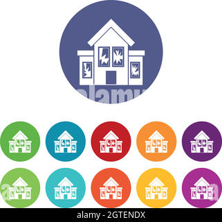 Maison avec des icônes de jeu de fenêtres cassées Illustration de Vecteur