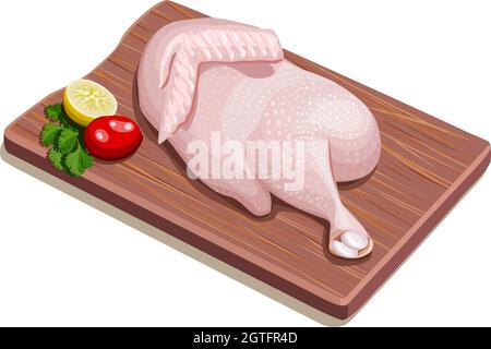 Illustration vectorielle de demi-poulet cru avec la peau sur bois et garni de tranches de citron, de tomate et de coriandre. Illustration de Vecteur