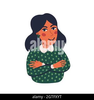 illustration de la femme vectorielle, portrait de la femme avec mains croisées . Illustration vectorielle de style dessin animé plat sur fond blanc. Illustration de Vecteur