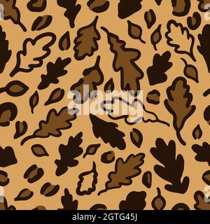 Motif léopard d'automne ou jaguar sans coutures en feuilles de chêne. Imprimé animal tendance aux couleurs de l'automne. Fond vectoriel pour textile, tissu, papier peint, Illustration de Vecteur