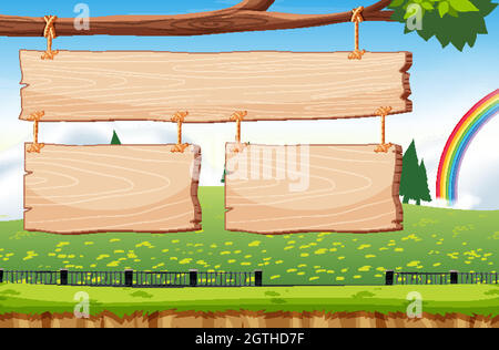 Trois panneaux en bois suspendus sur l'arbre Illustration de Vecteur