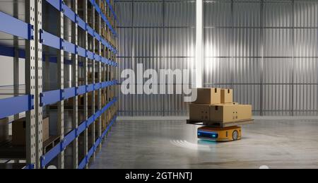 Automatisez le fonctionnement du véhicule guidé (AGV) en entrepôt, rendu des illustrations 3D Banque D'Images