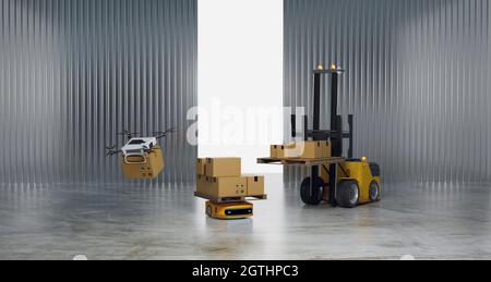Travail en entrepôt et transfert robot, robotique et automatisation véhicule guidé dans l'entrepôt, rendu d'illustrations 3D Banque D'Images