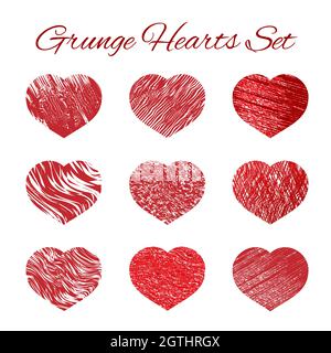 Ensemble de neuf icônes grunge Heart. Illustration vectorielle de symbole d'amour. Un élément de design pour la Saint-Valentin. Modèle de conception facile à modifier pour vos maquettes Illustration de Vecteur