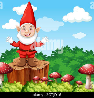 GNOME debout sur un stumpwith champignon sur fond de jardin Illustration de Vecteur