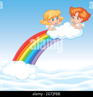 Scène avec deux cupids sur l'arc-en-ciel Illustration de Vecteur