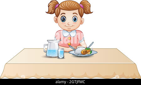 Adorable Petite Fille Dessin Anime Manger Sur La Table A Manger Image Vectorielle Stock Alamy