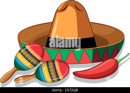 Chapeau mexicain et maracas sur fond blanc Illustration de Vecteur