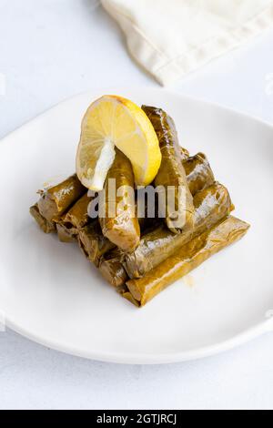 Feuilles farcies à l'huile d'olive sur fond blanc.Le goût traditionnel de la cuisine turque.Nom local zeytinyagli yaprak sarma Banque D'Images