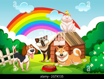 Groupe de chiens et un chat dans le jardin avec scène arc-en-ciel Illustration de Vecteur