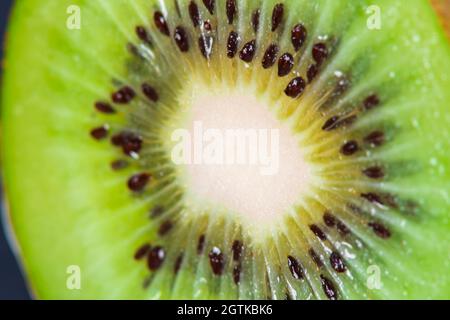 Macro fruit : gros plan extrême d'un kiwi mûr, fond noir, format horizontal Banque D'Images