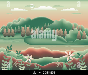 Paysage de collines avec design plat. Beau champ, prairie, montagnes et ciel. Emplacement rural avec vallée, lac, rivière, collines, forêt, arbres. Dégradé de couleurs vert-brun. Illustration vectorielle d'arrière-plan de dessin animé Illustration de Vecteur