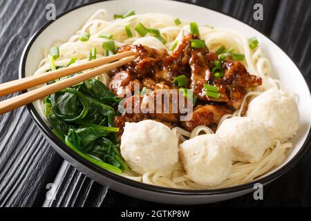 Aliments indonésiens Mie ayam nouilles aux oeufs avec viande de poulet et boulettes de viande frits dans un bol sur la table. Horizontal Banque D'Images