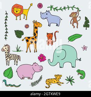 Animaux de la jungle et safari mignons. Feuilles tropicales. La vie sauvage et la nature dessinées à la main. Personnages du zoo de dessins animés. Gribouillages colorés Illustration de Vecteur