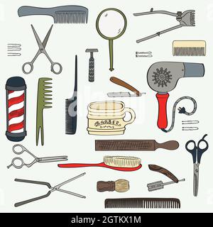 Salon de coiffure. Salon de beauté vintage. Outils de coiffeur. Ciseaux, peigne, brosse, rasoir, poteau. Gribouillages colorés. Illustration de Vecteur