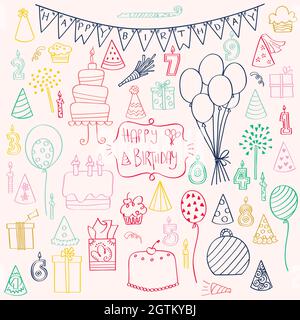 Fête d'anniversaire. Gâteaux dessinés à la main, bougies, ballons, bannière. Contour coloré. Illustration de Vecteur
