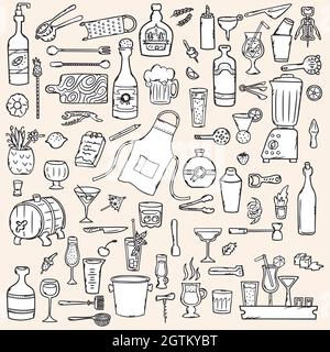 Barman Doodles. Outils de tend de barre dessinés à la main. Verres et bouteilles. Noir et blanc. Illustration de Vecteur