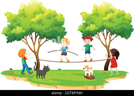 Les enfants marchent sur corde raide dans le parc Illustration de Vecteur