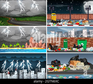 Ensemble de scènes polluées Illustration de Vecteur