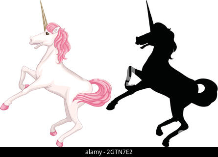 Ensemble de dessins animés unicorn et sa silhouette Illustration de Vecteur