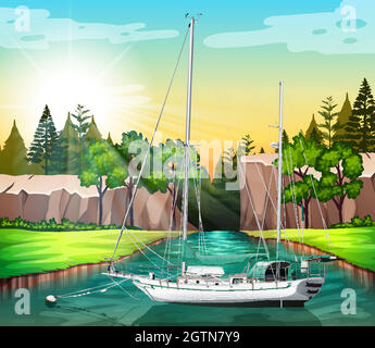 Voilier flottant sur le canal Illustration de Vecteur
