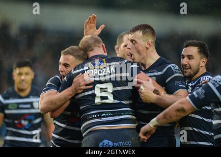 Featherstone, Angleterre - 2 octobre 2021 - Craig Kopczak, de Featherstone Rovers, célèbre son essai lors du championnat de rugby Betfred, demi-finale, Featherstone Rovers vs Halifax Panthers au Millennium Stadium, Featherstone, Royaume-Uni Dean Williams Banque D'Images