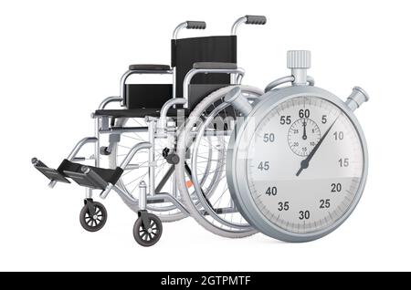 Chronomètre avec fauteuil roulant manuel, rendu 3D isolé sur fond blanc Banque D'Images