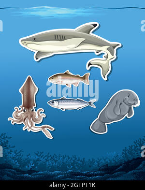 Autocollants animaux de l'océan sur fond de mer Illustration de Vecteur