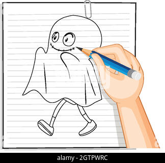 Écriture à la main de mignon fantôme mascotte contour Illustration de Vecteur