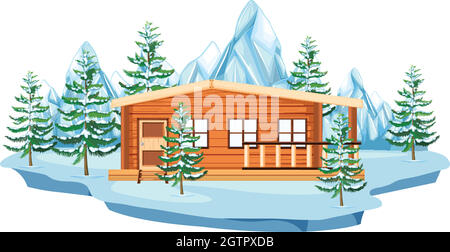 Chalet en bois dans un champ de neige Illustration de Vecteur