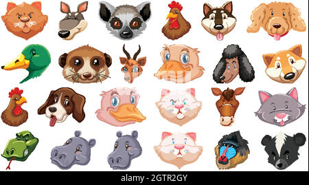 Ensemble de différents animaux de dessin animé mignon tête énorme isolé sur fond blanc Illustration de Vecteur