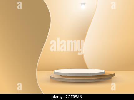 Podium 3D réaliste en forme de cylindre avec toile de fond ondulée et éclairage de la lampe sur fond beige. Vous pouvez utiliser pour la démonstration de produits, Illustration de Vecteur