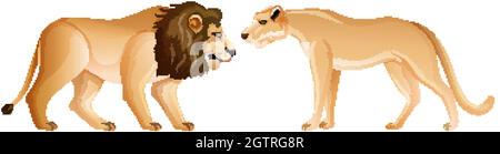 Lion et lioness en position debout sur fond blanc Illustration de Vecteur