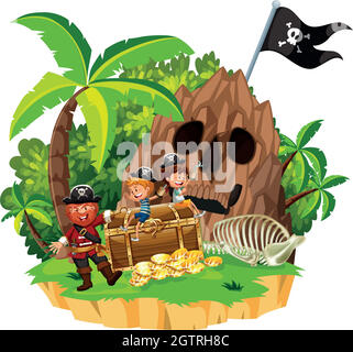 Pirate et enfants sur l'île Illustration de Vecteur