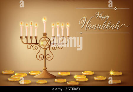 Modèle de carte Happy Hanukkah avec pièces de monnaie et lumières Illustration de Vecteur