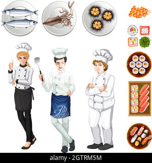 Chefs et différents plats Illustration de Vecteur