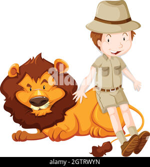 Garçon en costume safari et lion sauvage Illustration de Vecteur