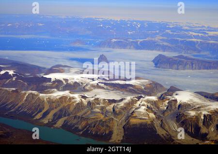 Le bord ouest de la calotte glaciaire du Groenland, vu à partir de 37000 pieds Banque D'Images