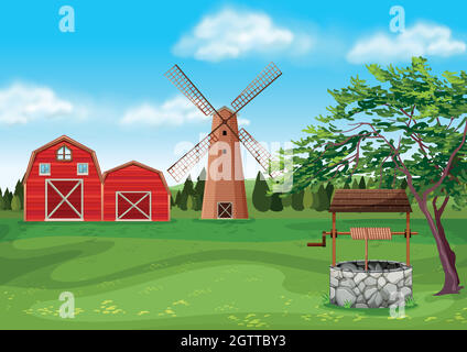 Granges et moulin à vent dans la ferme Illustration de Vecteur