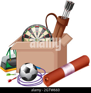 Boîte en carton pleine d'équipements de sport sur fond blanc Illustration de Vecteur