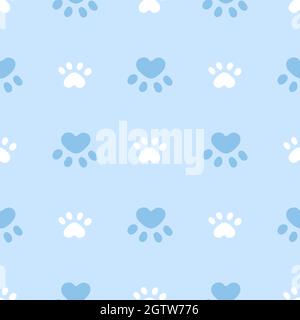 Motif bleu et blanc sans coutures pour chats ou chiens. Illustration du vecteur d'arrière-plan Meow et Cat Paws. Adorable personnage de dessin animé pastel pour bébé garçon. Illustration de Vecteur