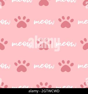 Motif chat rose et blanc sans couture. Illustration du vecteur d'arrière-plan Meow et Cat Paws. Joli personnage de dessin animé pastel pour bébé fille de bébé imprimé. Illustration de Vecteur