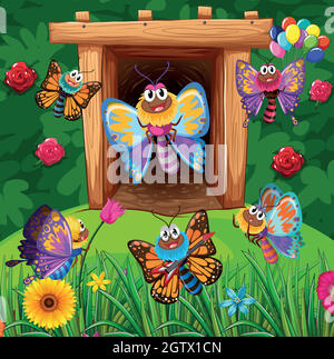 Papillons colorés volant dans le jardin Illustration de Vecteur