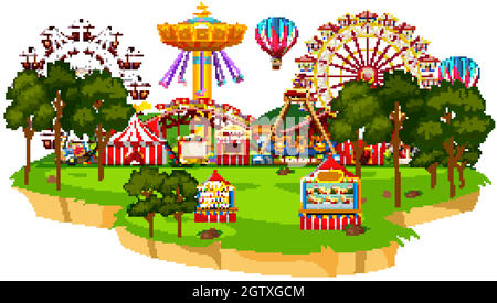 Scène avec de nombreuses manèges dans le parc de cirque Illustration de Vecteur