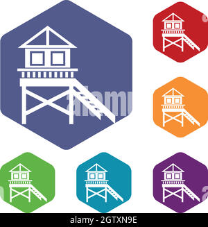 Maison sur pilotis en bois icons set Illustration de Vecteur