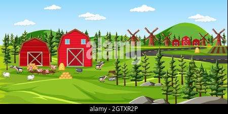 Nature de ferme avec scène de paysage de granges Illustration de Vecteur
