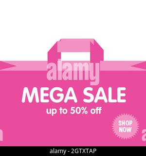 50 % de réduction. Affiche rose avec sac à provisions. Soldes Mega Discount. Vendredi noir. Bannière d'illustration vectorielle. Illustration de Vecteur